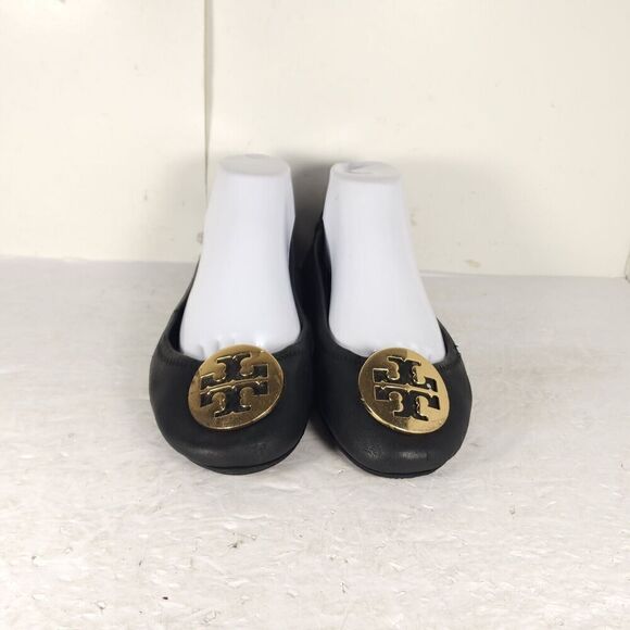 TORY BURCH Women's MINNIE US 10,5M Black Leather Logo Slip On Ballet Flats - Picture 3 of 16